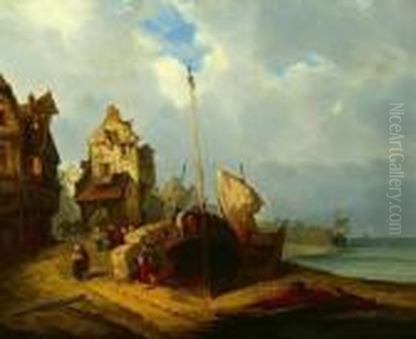 Port Scene With Townsfolk Oil Painting by Charles Euphrasie Kuwasseg