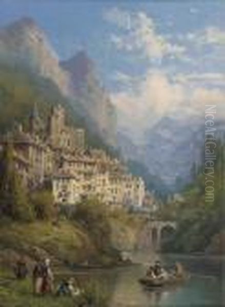 A Lakeside Town In Piemonte Oil Painting by Charles Euphrasie Kuwasseg