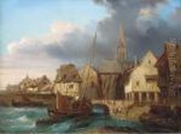 Fishing Vessels In A French Harbour Before A Fish Market Oil Painting by Charles Euphrasie Kuwasseg