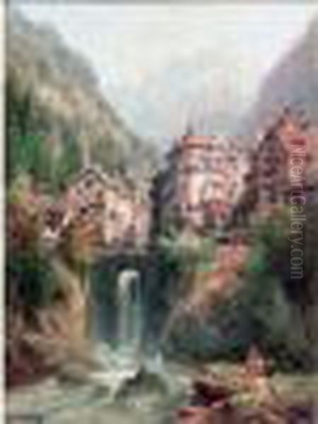 Ville De Montagne Oil Painting by Charles Euphrasie Kuwasseg