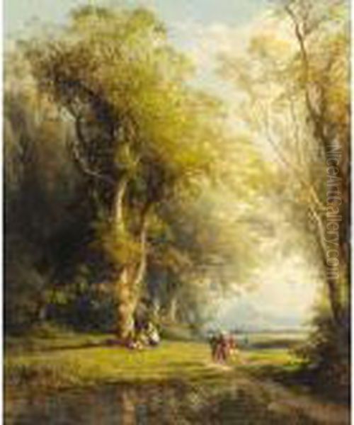 Figures On A Woodland Path Oil Painting by Charles Euphrasie Kuwasseg