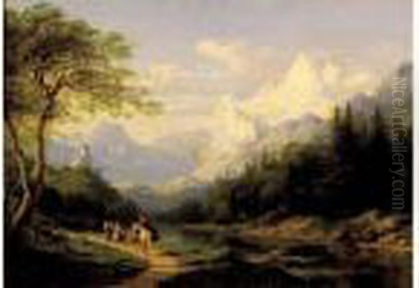 Personnages Au Bord D'un Lac De Montagne Oil Painting by Charles Euphrasie Kuwasseg