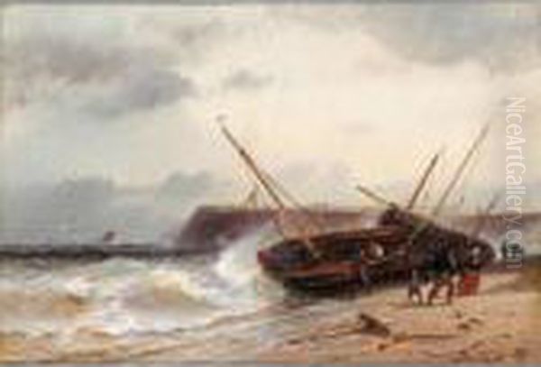 Beach Boats Threatened By Heavy Seas Oil Painting by Charles Euphrasie Kuwasseg