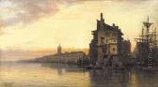 Sunset Over The Harbor Oil Painting by Charles Euphrasie Kuwasseg