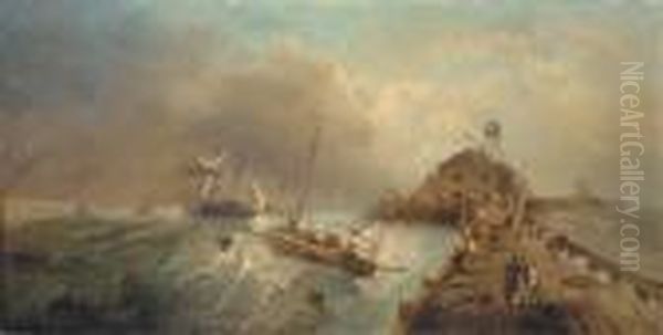 Shipping Off A Harbor In Stormy Seas Oil Painting by Charles Euphrasie Kuwasseg