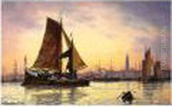 Antwerp Harbour Oil Painting by Charles Euphrasie Kuwasseg