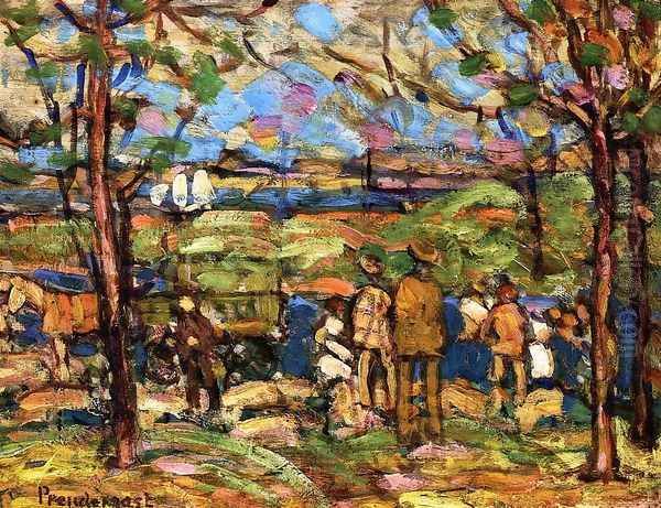 Squanton Aka Men In Park With A Wagon Squanton Oil Painting by Maurice Brazil Prendergast