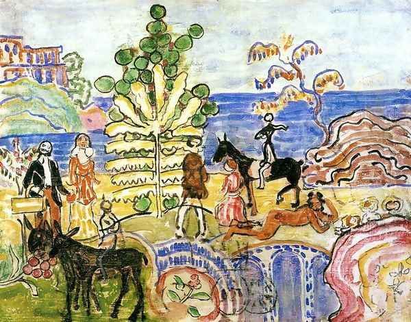 Fantasy Aka Fantasy With Flowers Animals And Houses Oil Painting by Maurice Brazil Prendergast