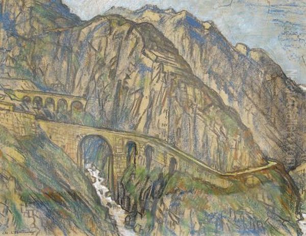 Schollenenschlucht Mit Teufelsbrucke Oil Painting by Charles L'Eplattenier