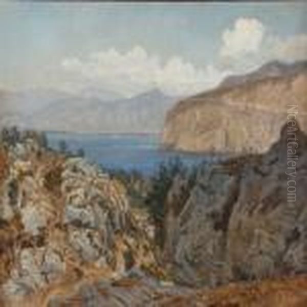 Rocky Coast, Presumably From Capri Or Sorrento Oil Painting by Janus Andreas La Cour