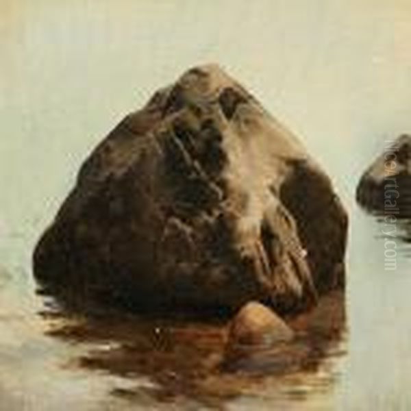 Large Stones At The Water Edge Oil Painting by Janus Andreas La Cour