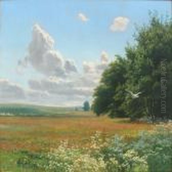 Summer Landscape With Flying Stork Over A Floweringmeadow Oil Painting by Janus Andreas La Cour