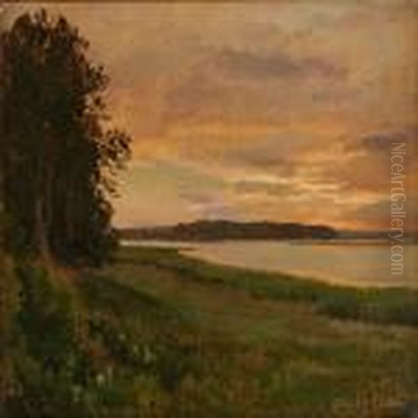 Landskab Med So.solnedgang Oil Painting by Janus Andreas La Cour