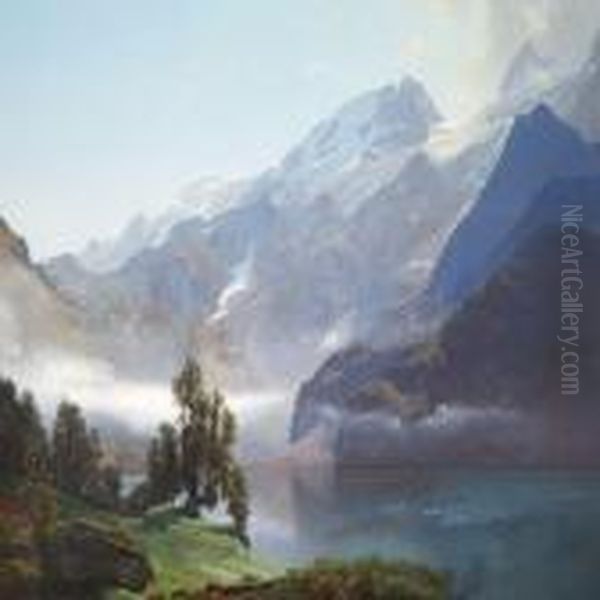 Morning View Of Lake Lucerne Oil Painting by Janus Andreas La Cour