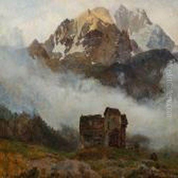 Foggy Mountain Tops Inthe Canton Bern, Switzerland Oil Painting by Janus Andreas La Cour