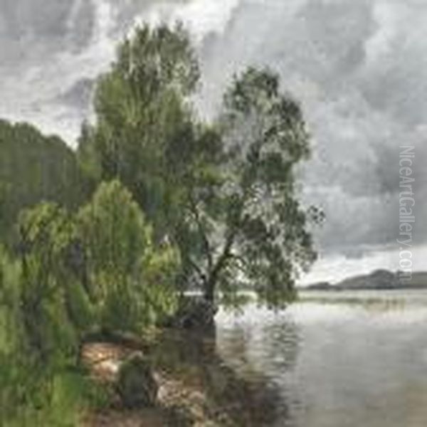 Lake Scenery From Jul Sowith Heavy Clouds Oil Painting by Janus Andreas La Cour