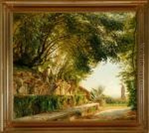 Garden Scenery From Villa D'este Outside Rome Oil Painting by Janus Andreas La Cour