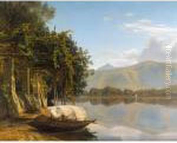 Lugano Soen Ved Pont Tresa (lake Lugano At Pont Tresa) Oil Painting by Janus Andreas La Cour