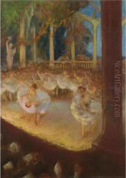 Ballerinas In The Theatre - Le Ballet Oil Painting by Gaston de Latouche