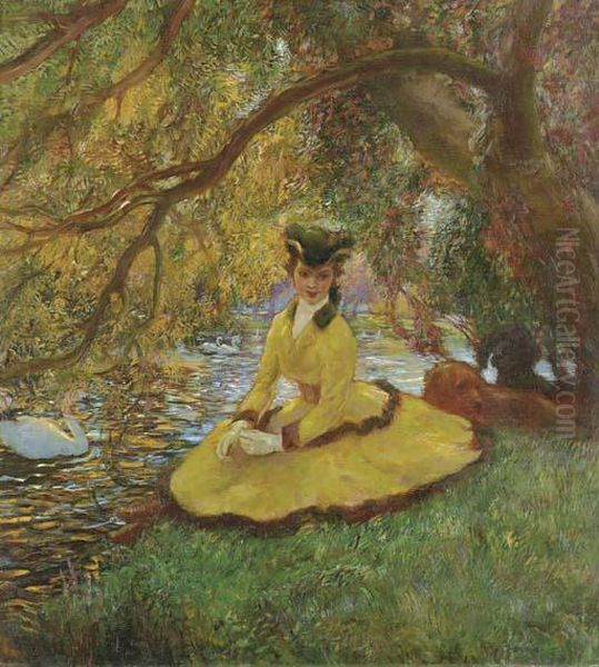 Amazone Assise Au Bord D'un Etang Oil Painting by Gaston de Latouche