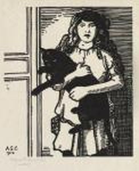 La Gosse Aux Cheveux Rouges (petite Fille Au Chat Noir) Oil Painting by Jean Emile Laboureur