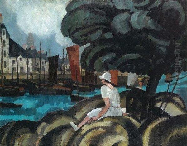 Femme Assise Devant Un Pont Oil Painting by Jean Emile Laboureur