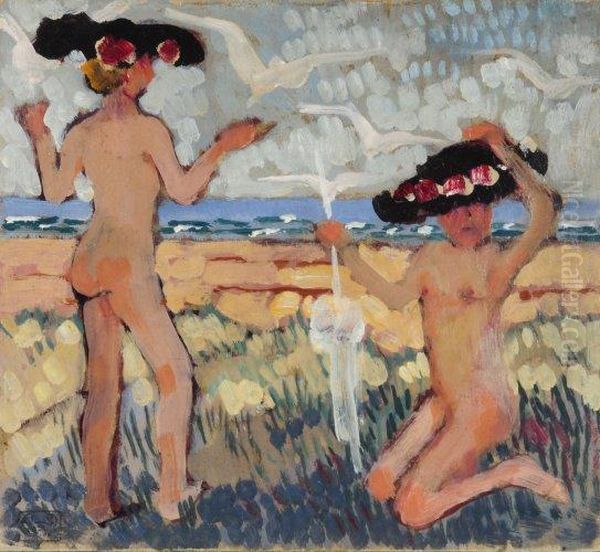 Les Deux Baigneuses Aux Chapeaux Noirs Oil Painting by Jean Emile Laboureur