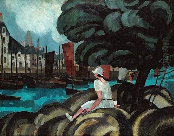 Femme Assise Devant Le Port Oil Painting by Jean Emile Laboureur