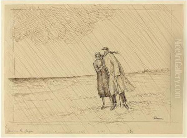 La Pluie Sur La Plage / Beach In
 The Rain (le Croisic). 1924. Etude Pour L'eau-forte (l. 281) Oil Painting by Jean Emile Laboureur