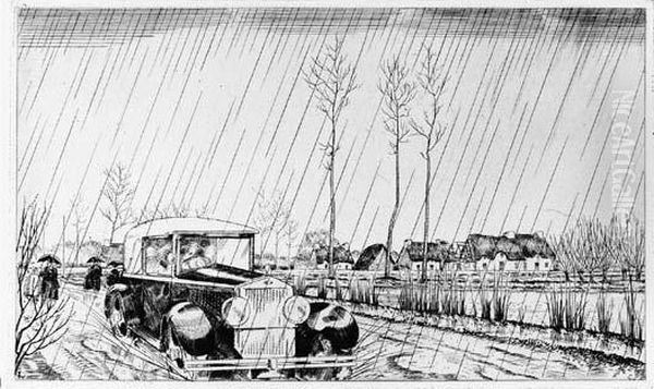 L'auto Sous La Pluie (grande Planche). 1932. Oil Painting by Jean Emile Laboureur