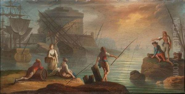 Pecheurs Dans Un Port Mediterraneen Oil Painting by Charles Francois Lacroix de Marseille