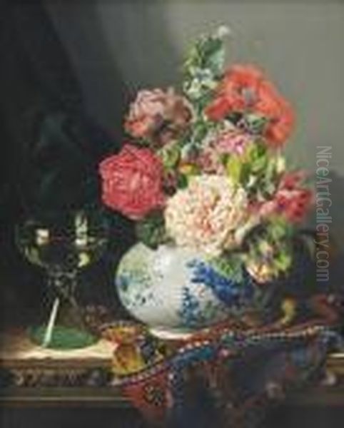 Roses In A Blue And White Vase, A Roemer And A Turkish Carpet On A Carved Wooden Chest Oil Painting by Edward Ladell