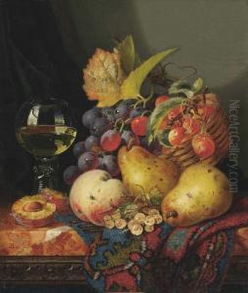 Still Life With Red Grapes And 
Cherries In A Wicker Basket, Two Pears, Whitecurrants, A Peach, A Split 
Plum And A Roemer, On A Marble Topped Oil Painting by Edward Ladell