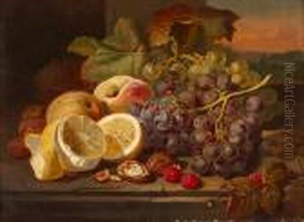 A Still Life With Fruit And Nuts On Atable Oil Painting by Edward Ladell