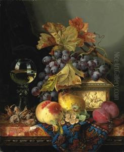 A Roemer With A Casket, Grapes, 
Plums, Cobnuts, Whitecurrants, Apear And A Peach On A Marble Ledge Oil Painting by Edward Ladell