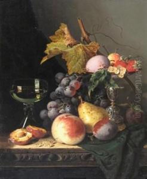 Still Life Of Grapes, Peaches, 
Raspberries, Walnuts, A Roemer And A Classical Bas Relief Sculpture On A
 Marble Ledge Oil Painting by Edward Ladell