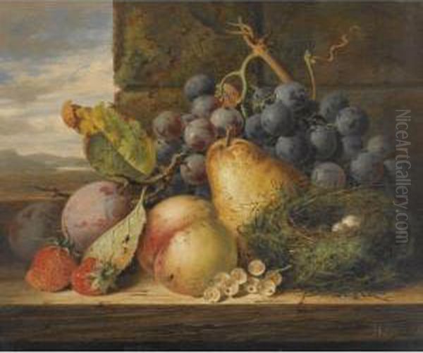 Still Life With A Bird's Nest, A Pear, A Peach, Grapes,strawberries And Plums Oil Painting by Edward Ladell