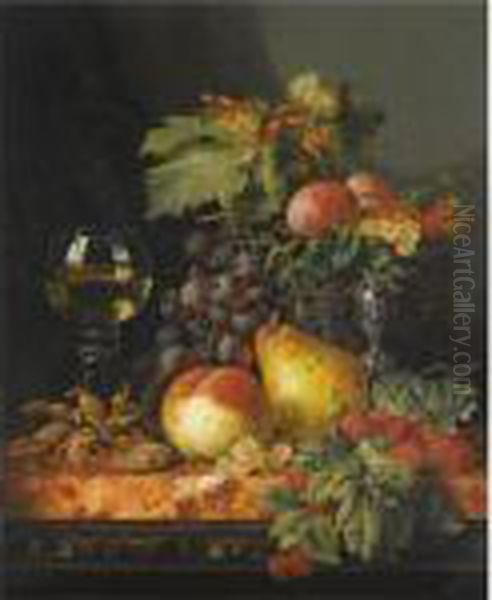 Still Life With Grapes, A Pear, A
 Peach, Plums, Redcurrants Andraspberries, Hazelnuts, A Wine Glass And A
 Silver Tazza Oil Painting by Edward Ladell