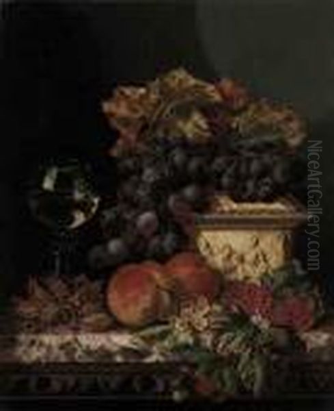 Grapes, Peaches, Raspberries, Cob Nuts, With A Casket And A Roemeron A Marble Ledge Oil Painting by Edward Ladell