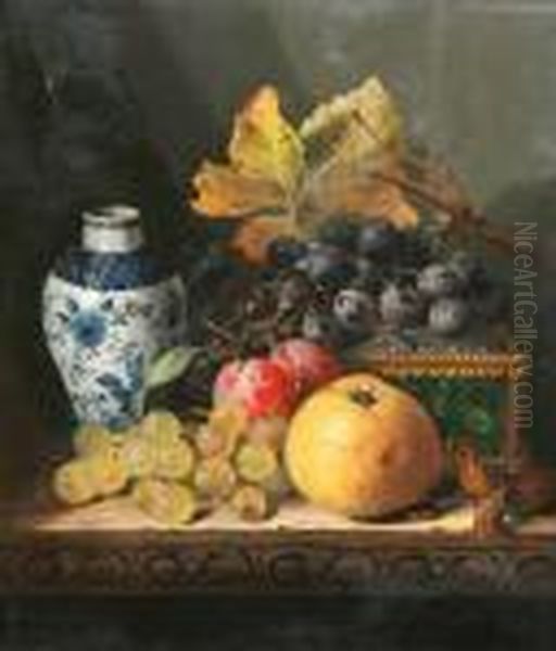 Still Life With Fruit And Walnuts; Still Lifewith Chinese Vase Oil Painting by Edward Ladell