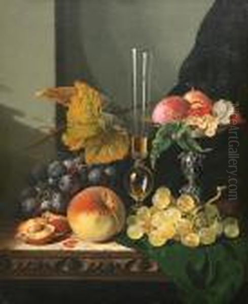 Still Life With Mixed Fruit, A Glass And Atazza On A Table Oil Painting by Edward Ladell