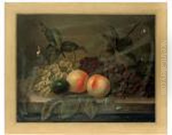 Peaches, Grapes And A Plum On A Stone Ledge Oil Painting by Edward Ladell