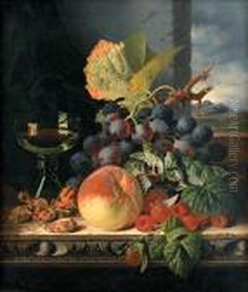 Still Life With Mixed Fruit And A Glass On A Ledge By A Window Oil Painting by Edward Ladell