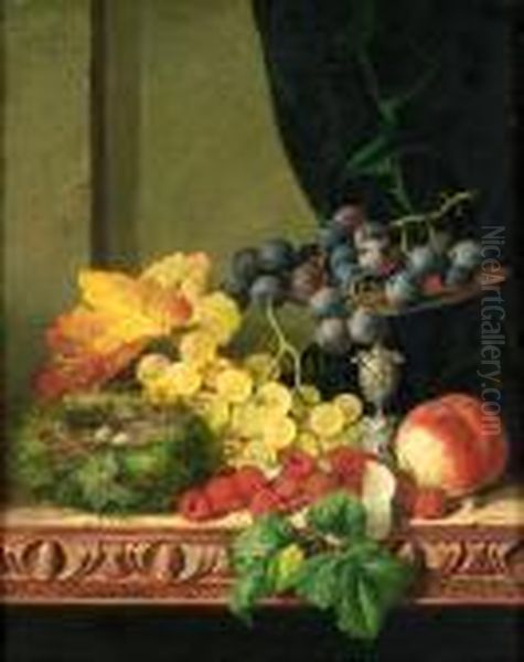 Still Life Of Fruit, Tazza And A Bird's Nest On A Ledge Oil Painting by Edward Ladell