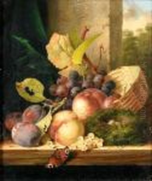 Still Life Of Fruit, A Bird's Nest And A Butterfly On A Ledge, A Landscape Beyond Oil Painting by Edward Ladell