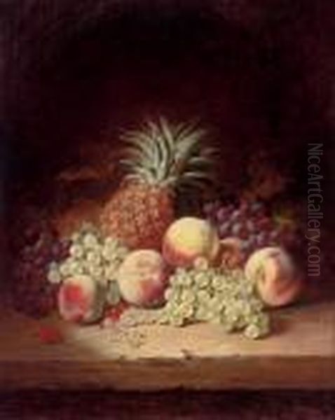 Grapes, Peaches And A Pineapple On A Wooden Ledge Oil Painting by Edward Ladell