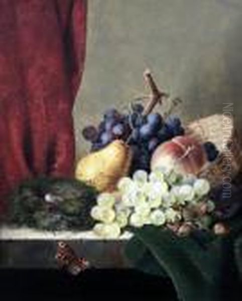 Still Life Of Grapes, Plums, A 
Pear, A Peach, Cobnuts And A Birds Nest, On A Ledge With A Butterfly Oil Painting by Edward Ladell