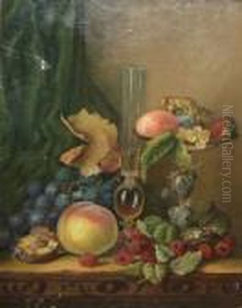 Still Life Study Of Mixed Flowers With Roemer And Tazza On A Sideboard Oil Painting by Edward Ladell