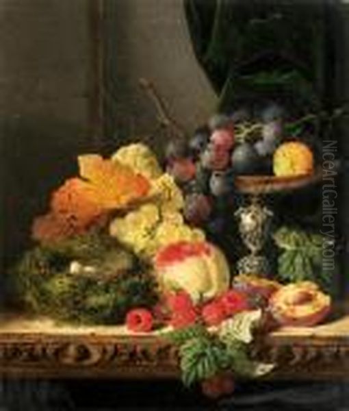 Still Life With Fruit, Leaves 
And A Bird's Nest On A Ledge; Still Life With Fruit, Leaves And A Glass 
Of Wine On A Ledge Oil Painting by Edward Ladell