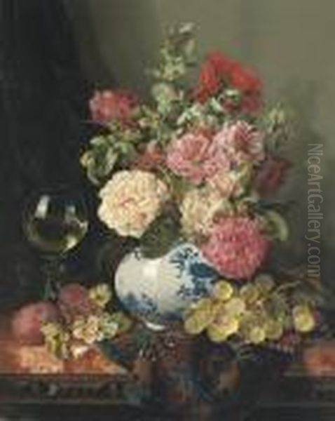 Mixed Flowers In A Chinese Vase With Grapes And A Wine Roemer Oil Painting by Edward Ladell